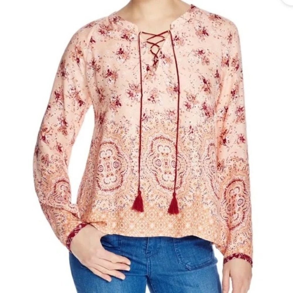 Sanctuary Sunshine Girl Floral Print Lace Up Tunic Top Sz Small Peasant Bohemian